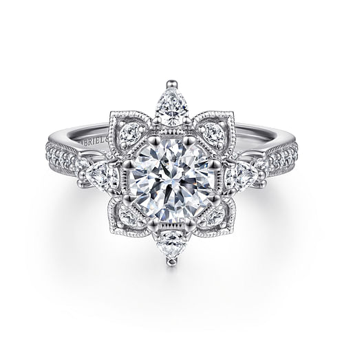 14K White Gold Floral Halo Round Diamond Engagement Ring