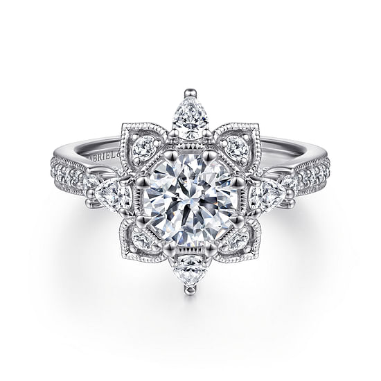 Gabriel - 14K White Gold Floral Halo Round Diamond Engagement Ring