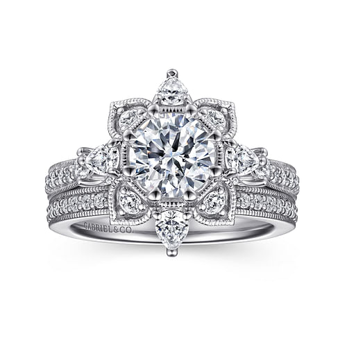 14K White Gold Floral Halo Round Diamond Engagement Ring