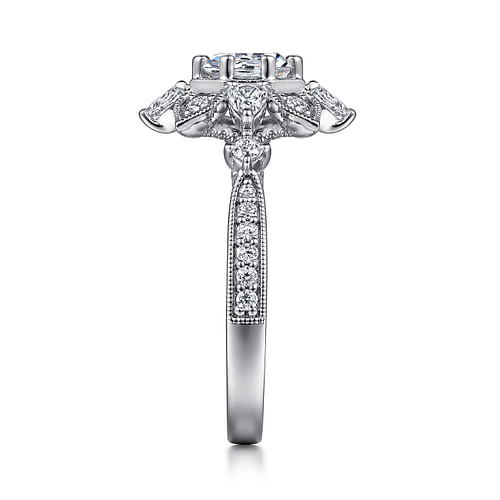 14K White Gold Floral Halo Round Diamond Engagement Ring