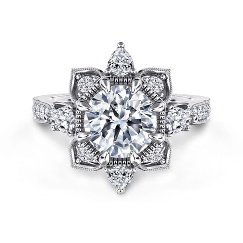 14K White Gold Floral Halo Round Diamond Engagement Ring