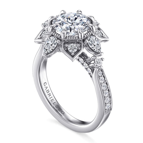 14K White Gold Floral Halo Round Diamond Engagement Ring