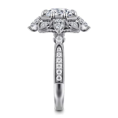 14K White Gold Floral Halo Round Diamond Engagement Ring