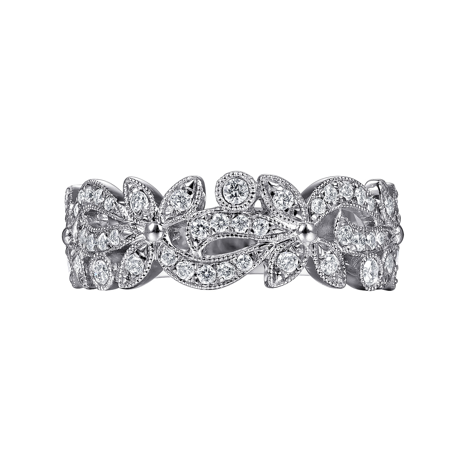 14K White Gold Floral Inspired Diamond Stackable Ring