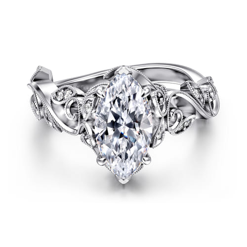 14K White Gold Floral Marquise Shape Diamond Engagement Ring