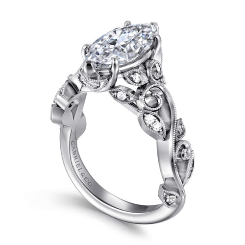 14K White Gold Floral Marquise Shape Diamond Engagement Ring