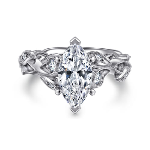 14K White Gold Floral Marquise Shape Diamond Engagement Ring