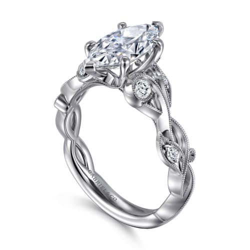 14K White Gold Floral Marquise Shape Diamond Engagement Ring