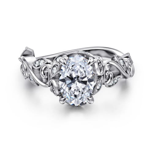 14K White Gold Floral Oval Diamond Engagement Ring