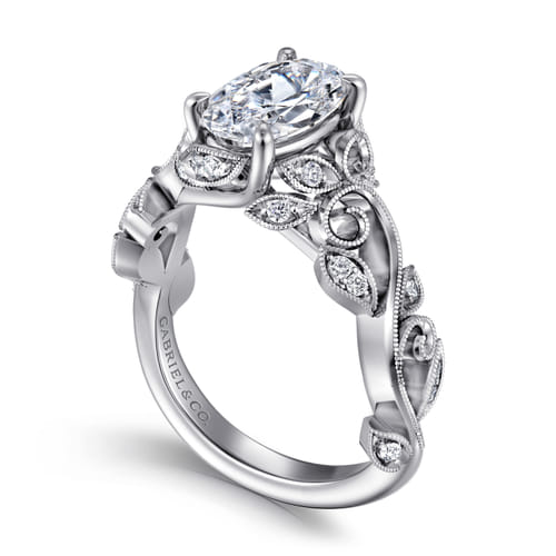 14K White Gold Floral Oval Diamond Engagement Ring