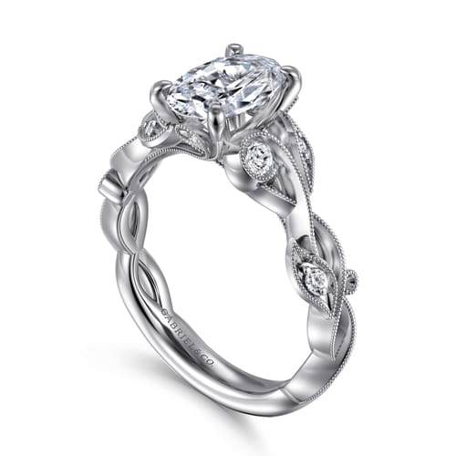 14K White Gold Floral Oval Diamond Engagement Ring