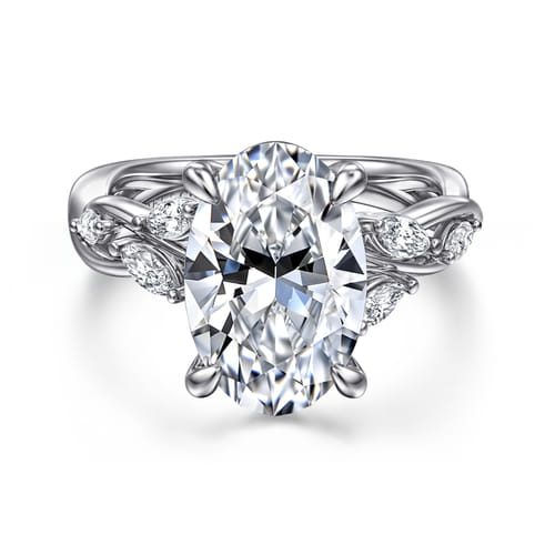 14K White Gold Floral Oval Diamond Engagement Ring