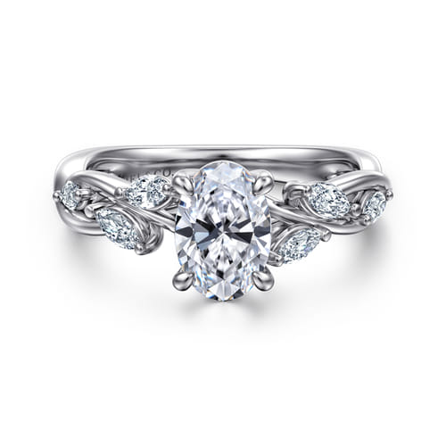 14K White Gold Floral Oval Diamond Engagement Ring