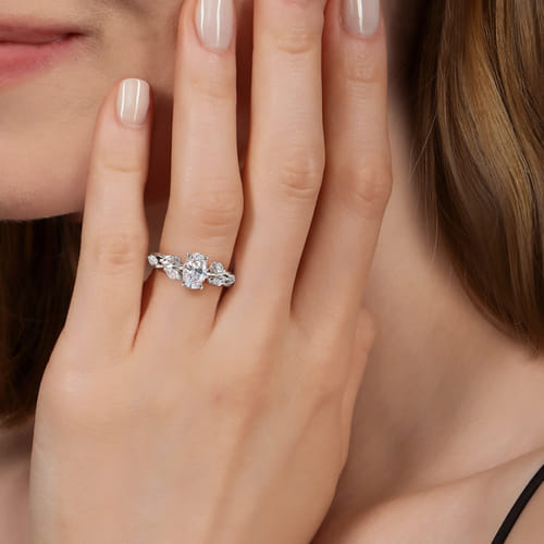 14K White Gold Floral Oval Diamond Engagement Ring