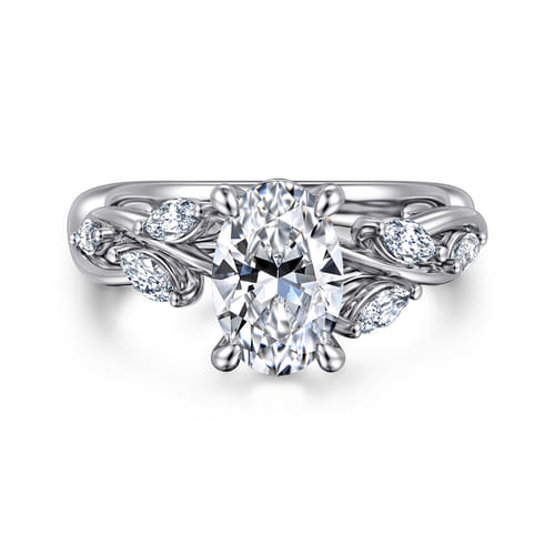 14K White Gold Floral Oval Diamond Engagement Ring