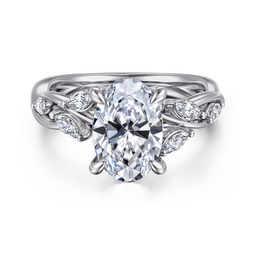 14K White Gold Floral Oval Diamond Engagement Ring