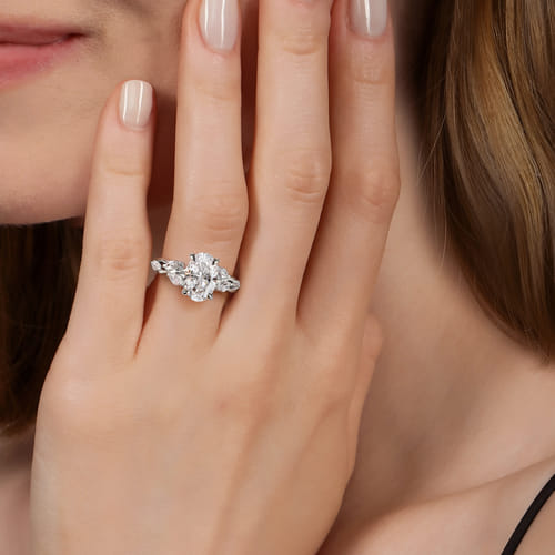 14K White Gold Floral Oval Diamond Engagement Ring