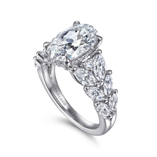 14K White Gold Floral Oval Diamond Engagement Ring