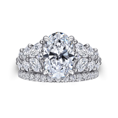 14K White Gold Floral Oval Diamond Engagement Ring