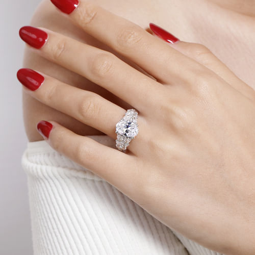14K White Gold Floral Oval Diamond Engagement Ring