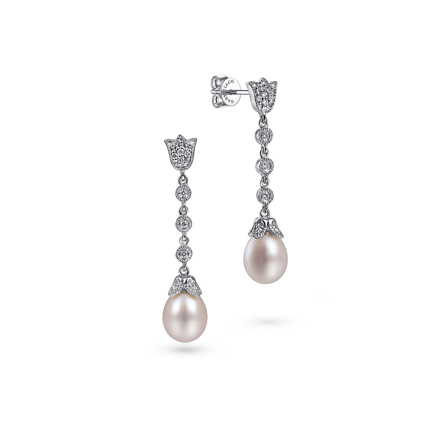 Gabriel - 14K White Gold Floral Pearl Diamond Drop Earrings