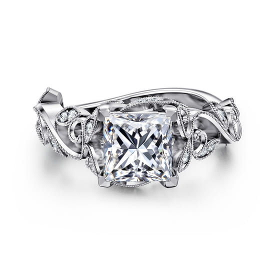 Gabriel - 14K White Gold Floral Princess Cut Diamond Engagement Ring