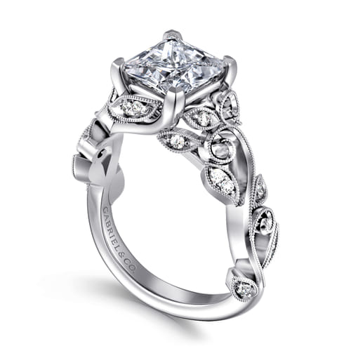 14K White Gold Floral Princess Cut Diamond Engagement Ring