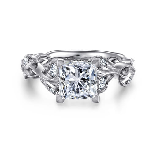 14K White Gold Floral Princess Cut Diamond Engagement Ring