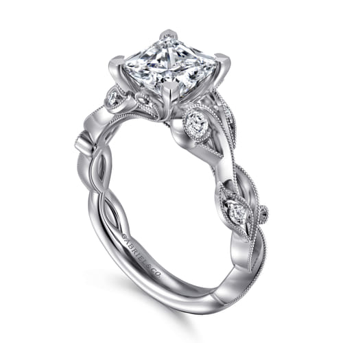 14K White Gold Floral Princess Cut Diamond Engagement Ring