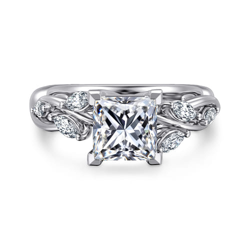 14K White Gold Floral Princess Cut Diamond Engagement Ring