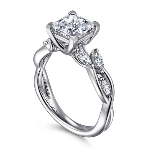 14K White Gold Floral Princess Cut Diamond Engagement Ring