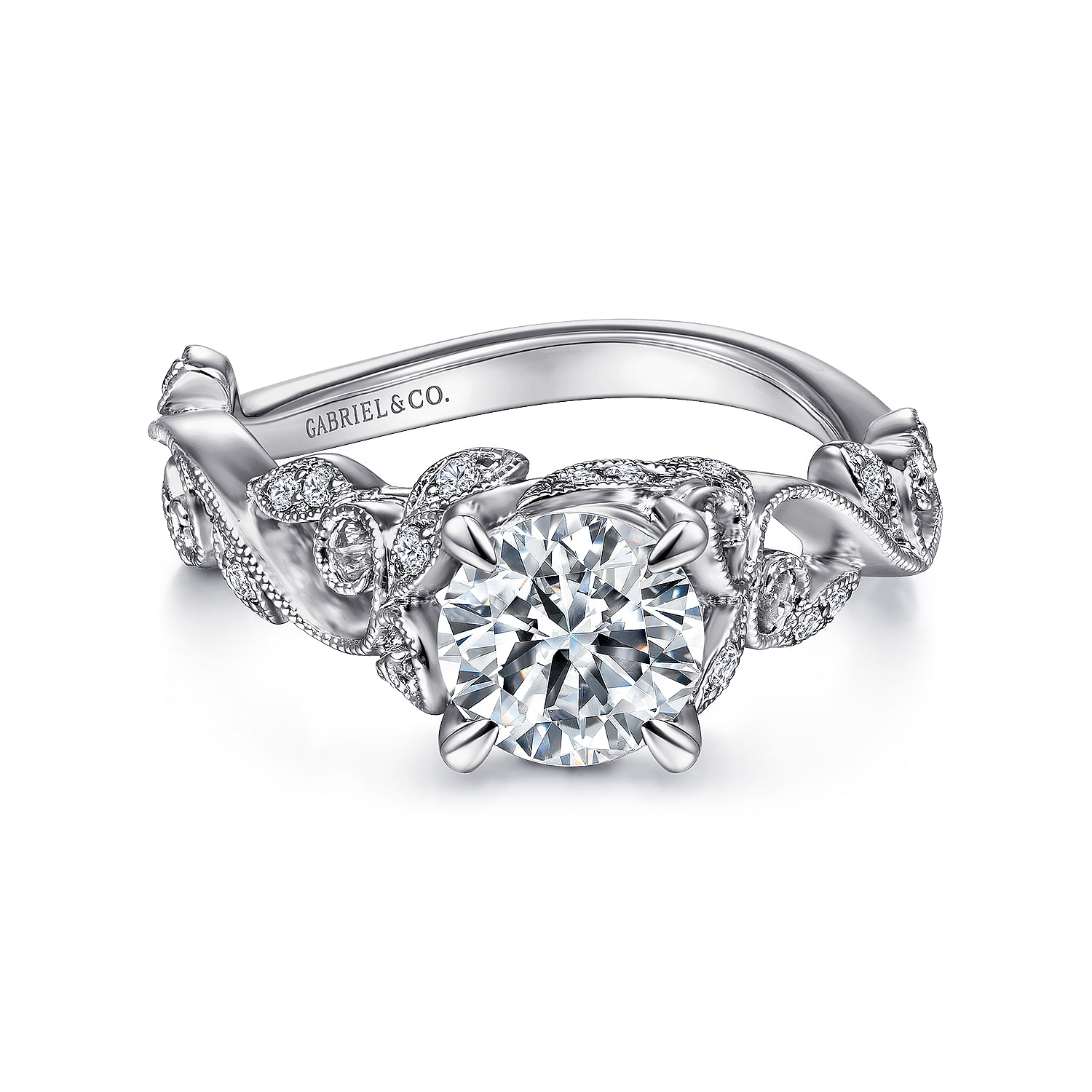 Gabriel - 14K White Gold Floral Round Diamond Engagement Ring