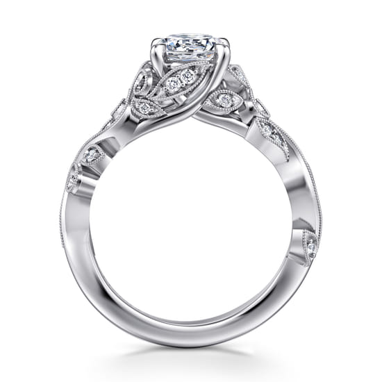 14K White Gold Floral Round Diamond Engagement Ring angle 2