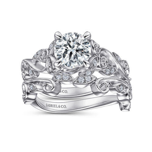 14K White Gold Floral Round Diamond Engagement Ring
