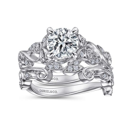 14K White Gold Floral Round Diamond Engagement Ring angle 4