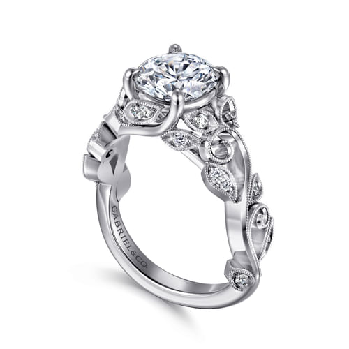 14K White Gold Floral Round Diamond Engagement Ring