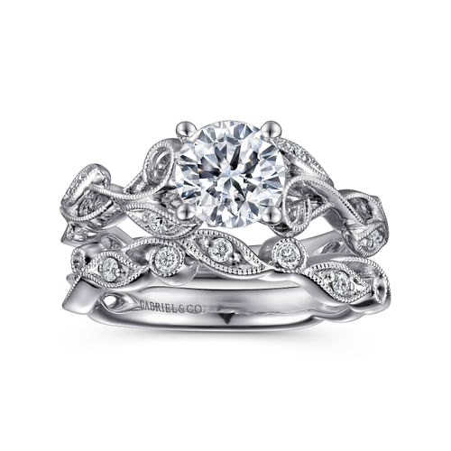 14K White Gold Floral Round Diamond Engagement Ring