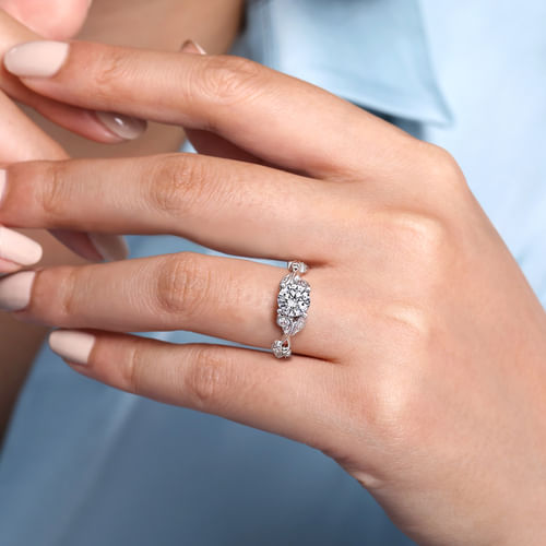 14K White Gold Floral Round Diamond Engagement Ring