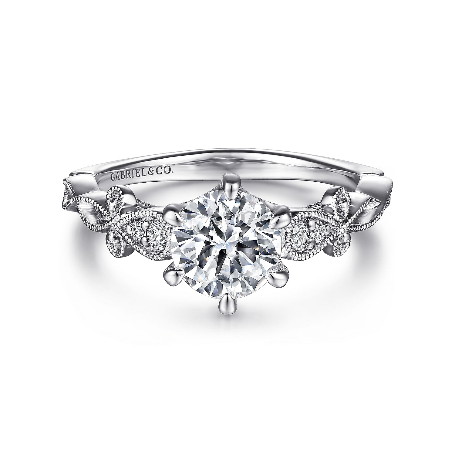 14K White Gold Floral Round Diamond Engagement Ring