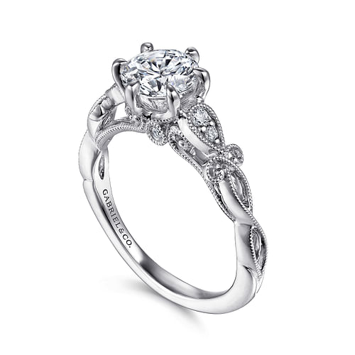 14K White Gold Floral Round Diamond Engagement Ring