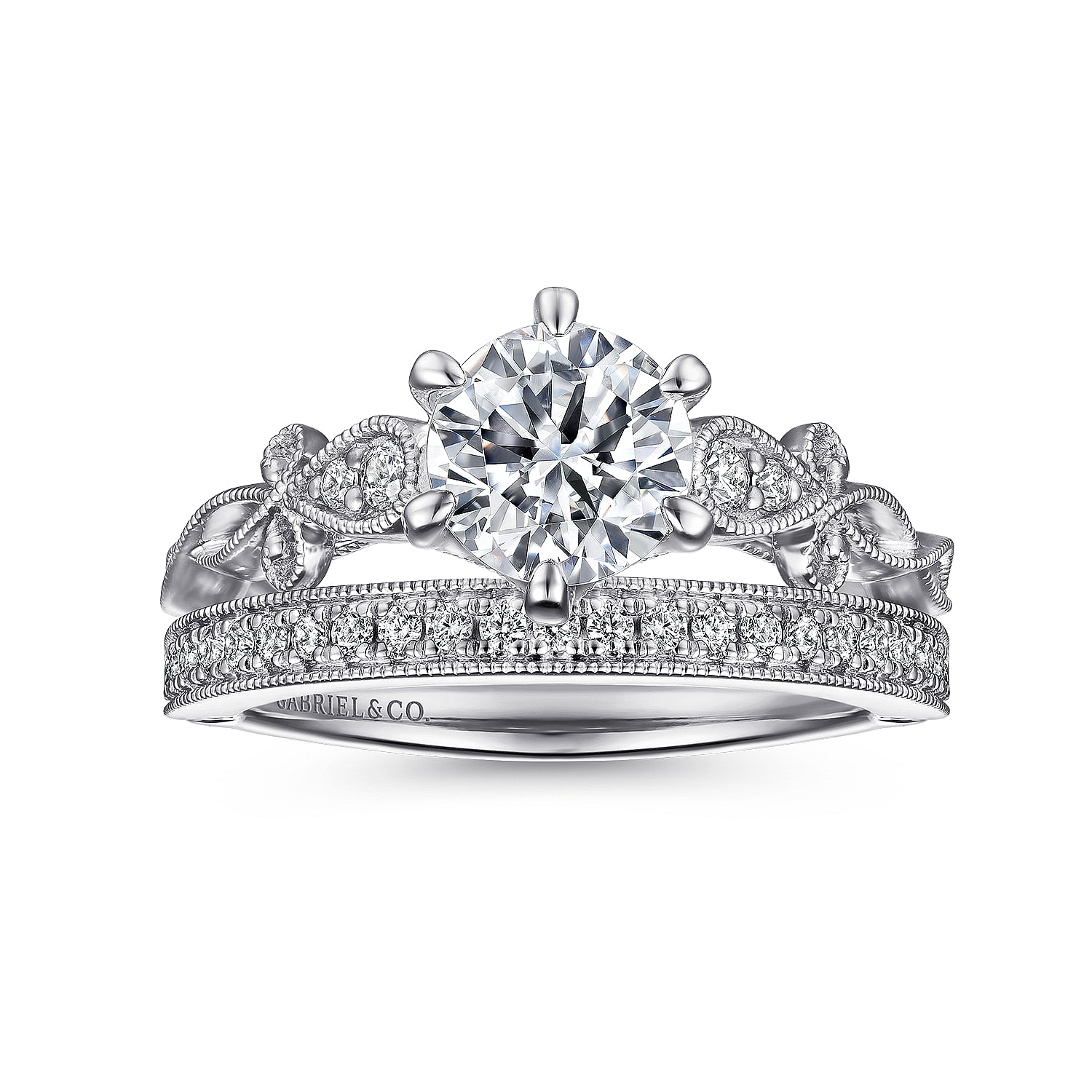 14K White Gold Floral Round Diamond Engagement Ring