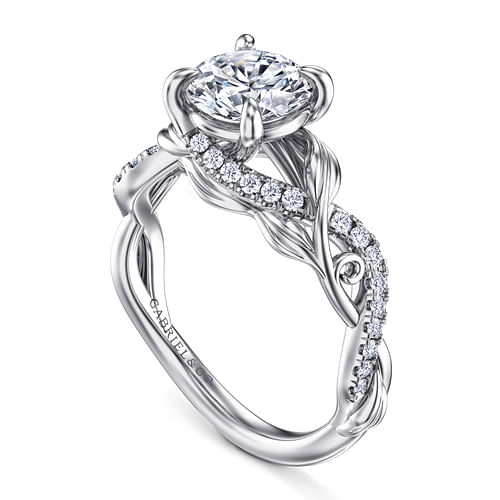 14K White Gold Floral Round Diamond Engagement Ring