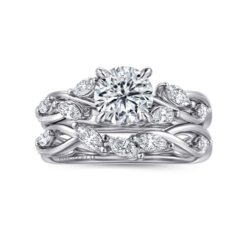 14K White Gold Floral Round Diamond Engagement Ring