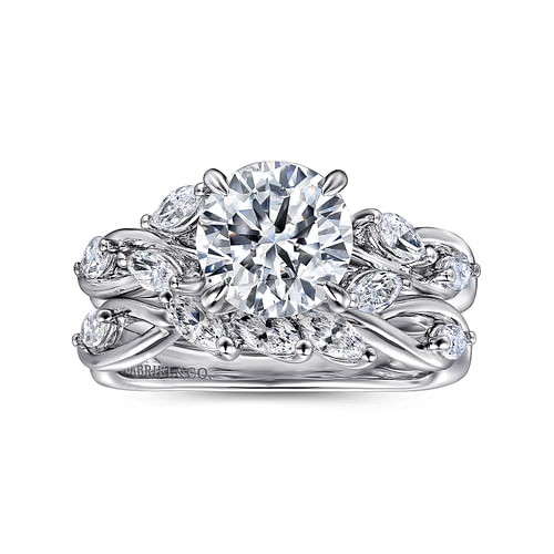 14K White Gold Floral Round Diamond Engagement Ring