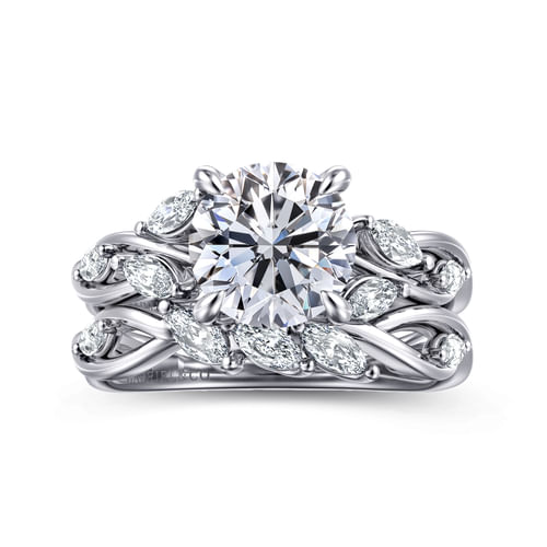 14K White Gold Floral Round Diamond Engagement Ring
