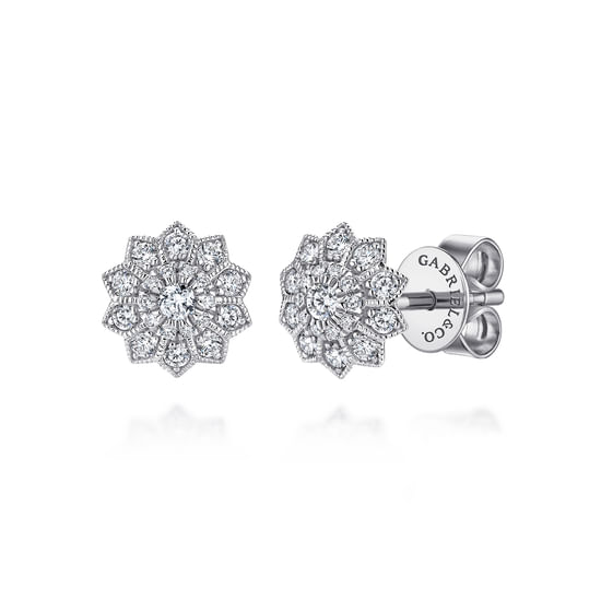 Gabriel - 14K White Gold Flower Diamond Stud Earrings