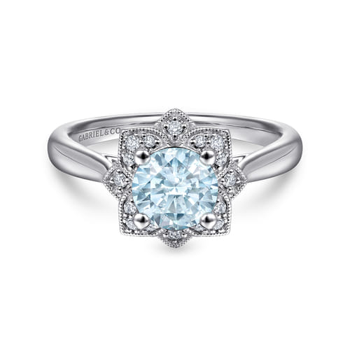 14K White Gold Flower Halo Aquamarine and Diamond Promise Ring