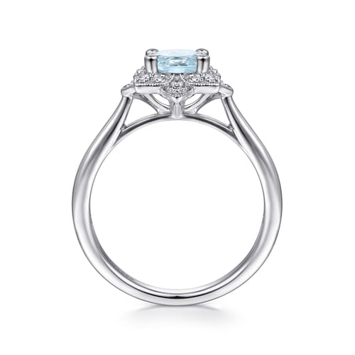 14K White Gold Flower Halo Aquamarine and Diamond Promise Ring