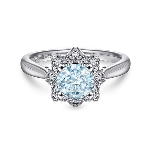 14K White Gold Flower Halo Aquamarine and Diamond Ring