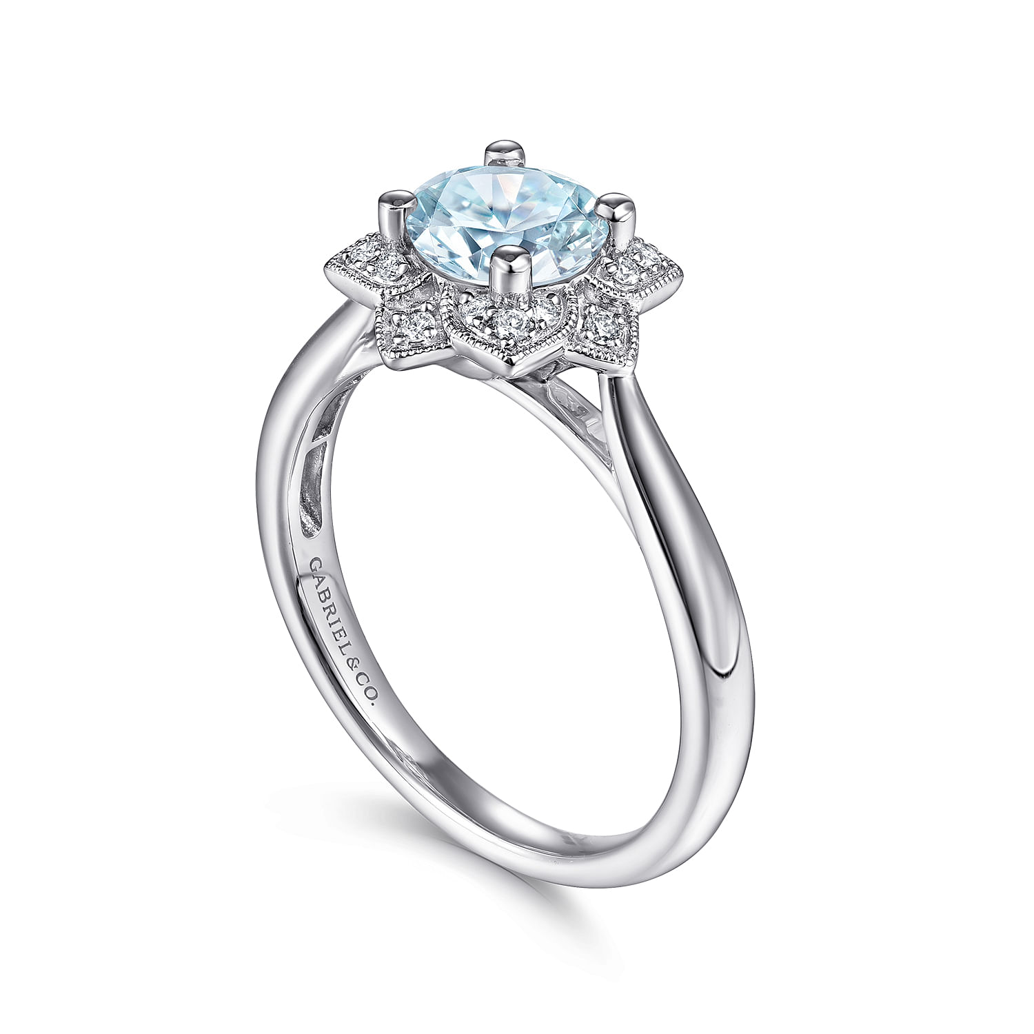 14K White Gold Flower Halo Aquamarine and Diamond Ring